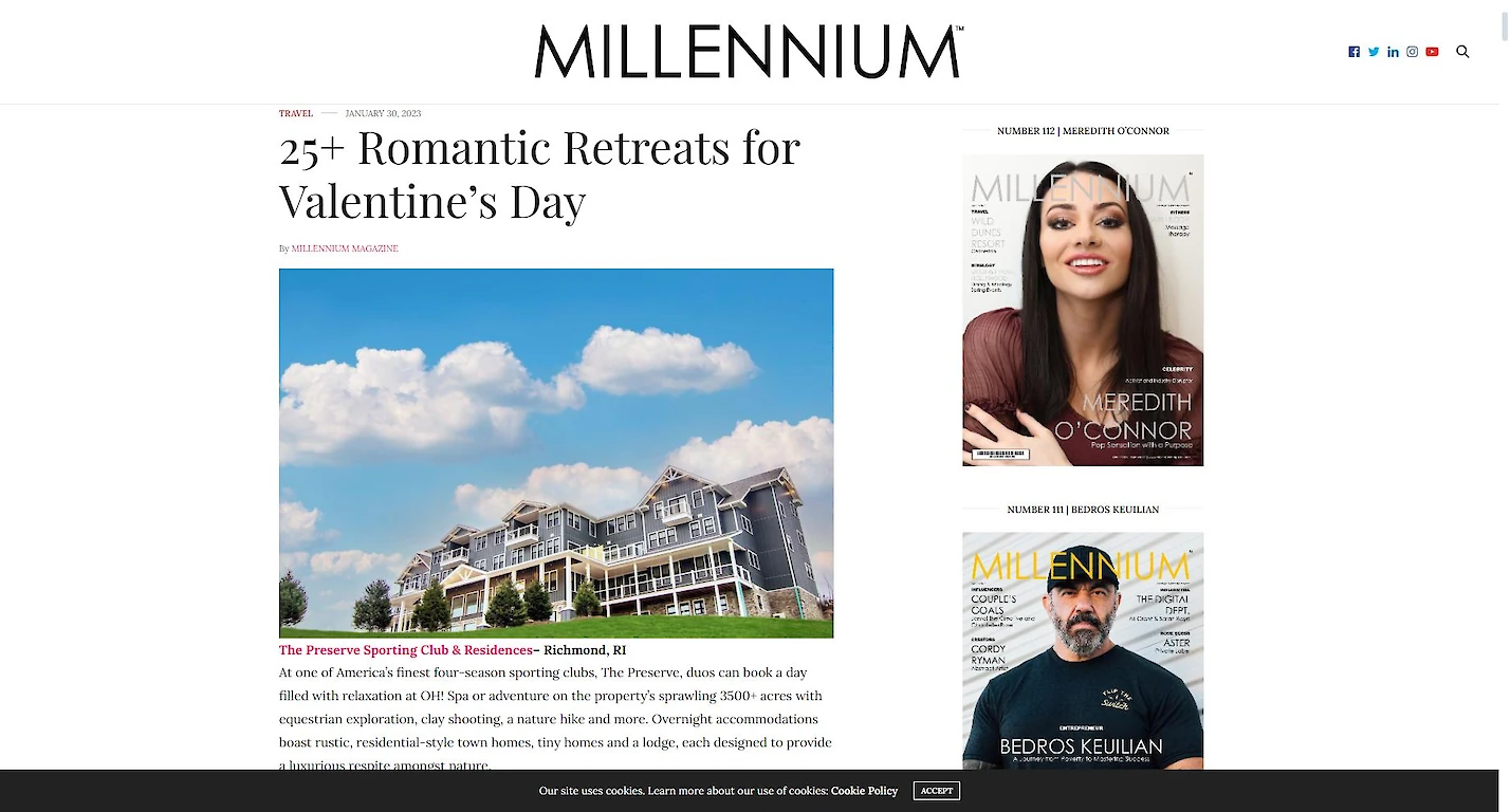 This image shows a webpage from "Millennium" magazine with articles on romantic retreats for Valentine's Day and two magazine covers.