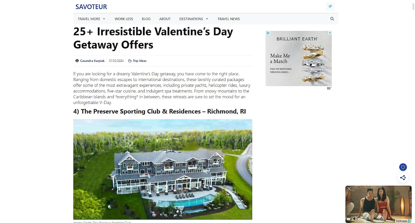 This image shows a webpage from Savoteur featuring "25+ Irresistible Valentine's Day Getaway Offers," highlighting The Preserve Sporting Club & Residences in Richmond, RI.