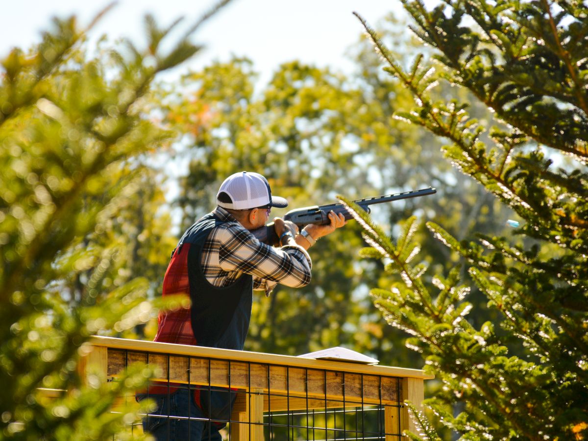 A person in a plaid shirt and hat holds a rifle, aiming while standing on a wooden platform surrounded by trees.