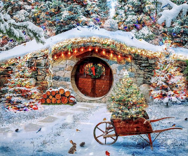 A cozy, snow-covered hobbit house adorned with festive lights, surrounded by decorated trees, and featuring a wheelbarrow and firewood stack.