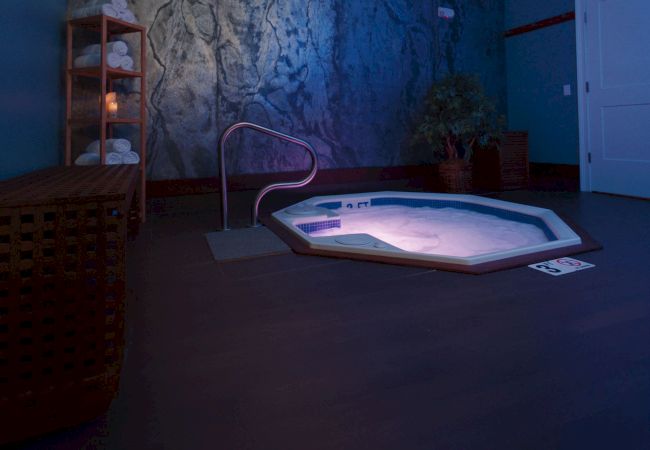 The image shows a dimly lit room with a small, illuminated indoor pool or hot tub, a towel rack, potted plant, and a door to the side.