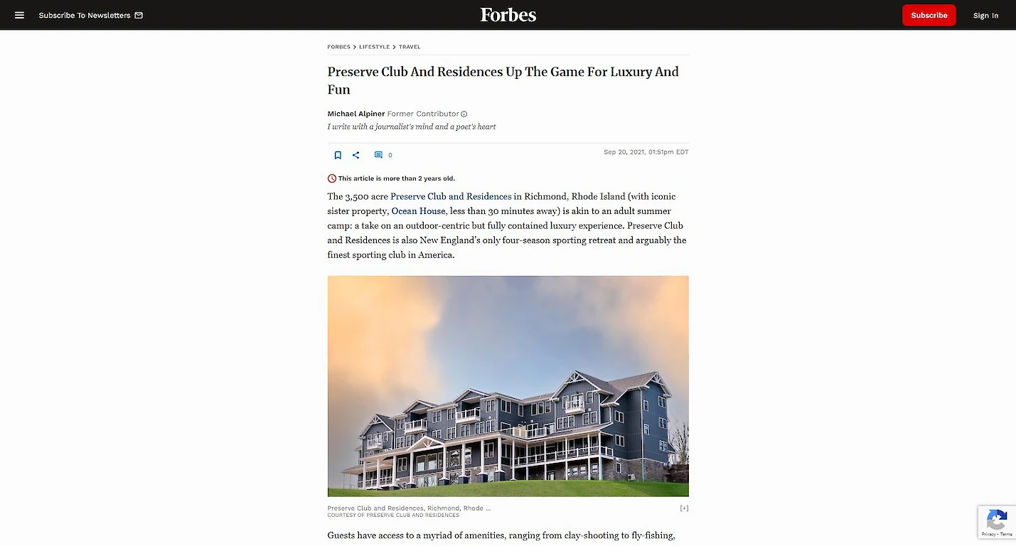 The image shows a Forbes article discussing the Preserve Club and Residences in Rhode Island, highlighting luxury amenities and recreation. A building image is included.