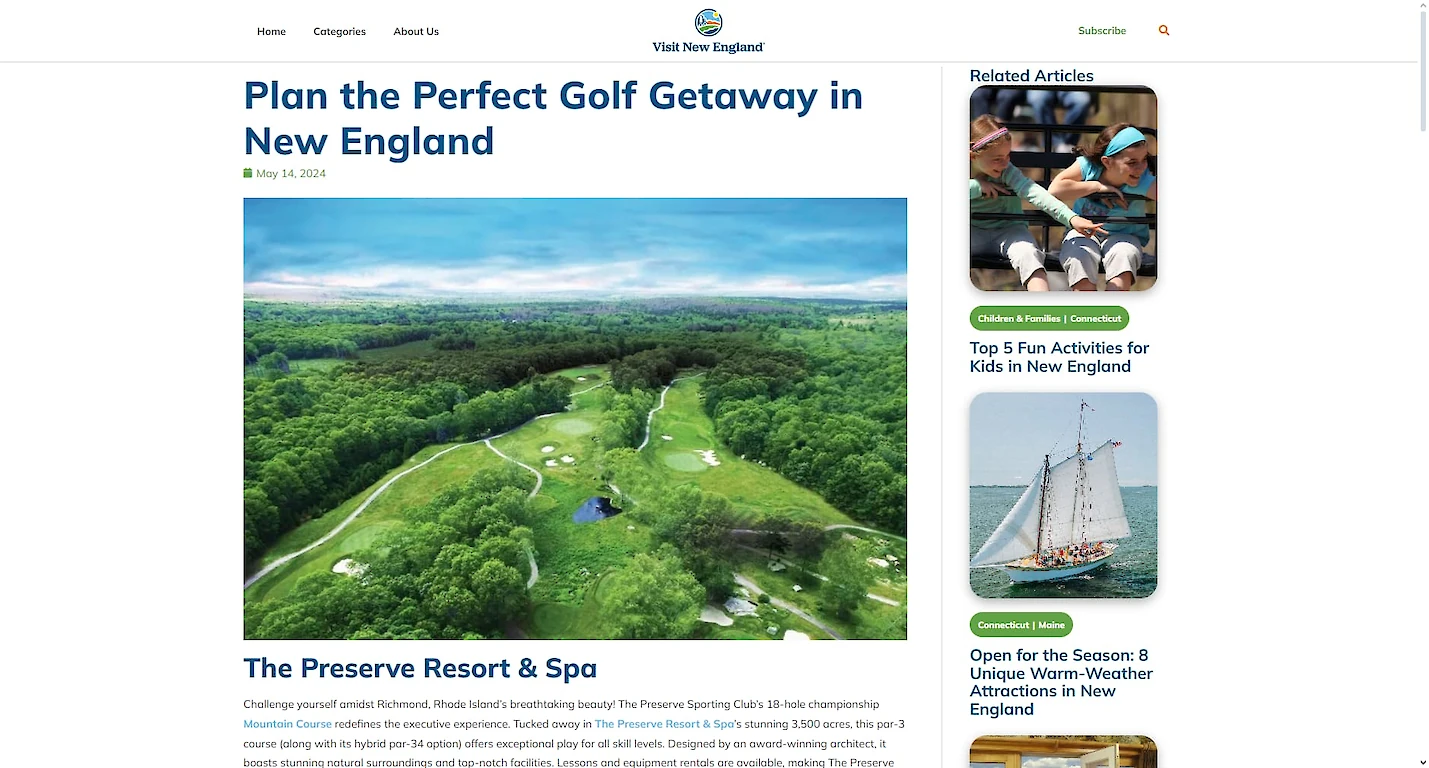 Webpage about planning a perfect golf getaway in New England, featuring The Preserve Resort & Spa with related article links shown.