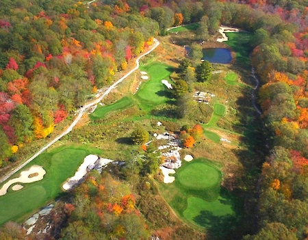 Aerial view of The Preserve Sporting Club surrounded by fall foliage