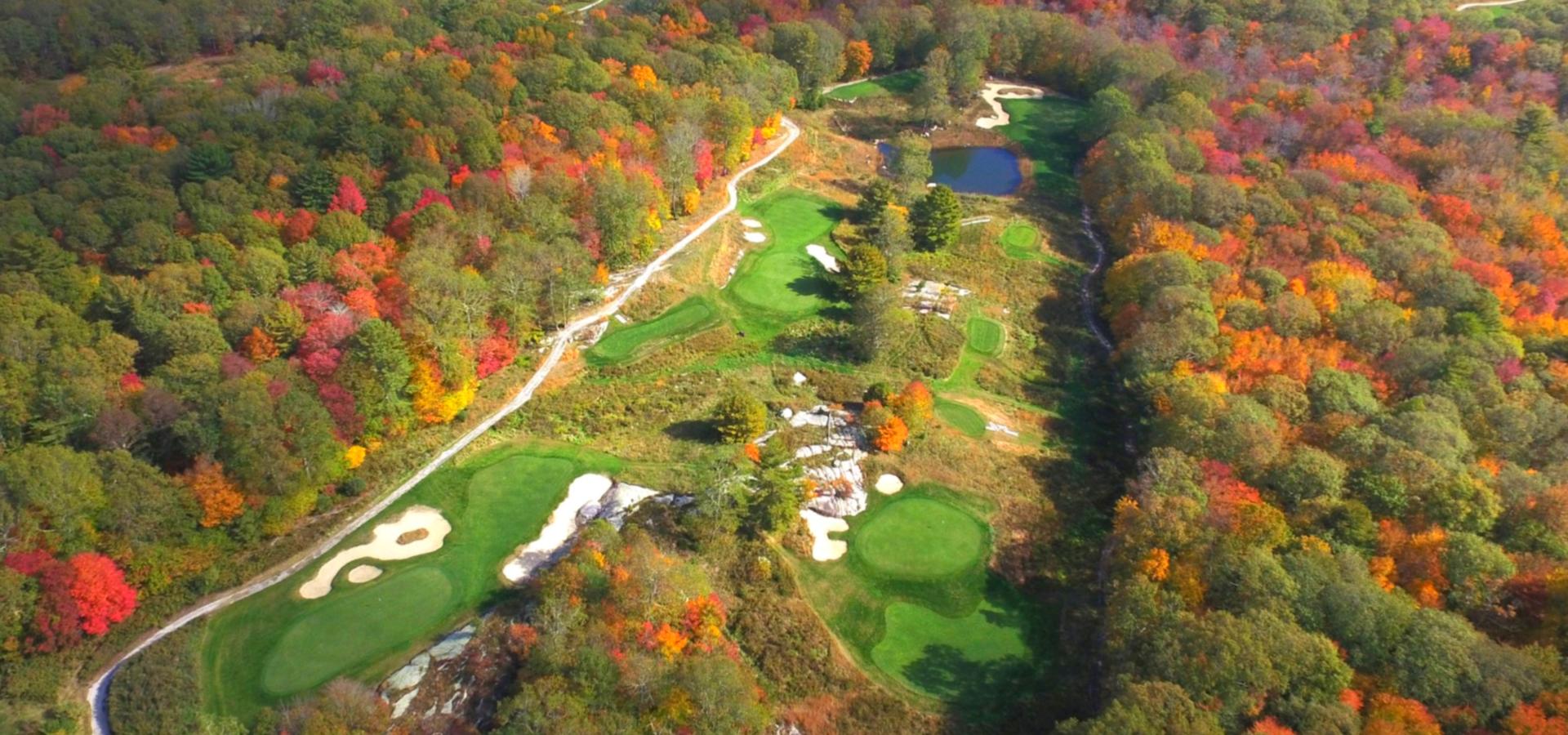 Aerial view of The Preserve Sporting Club surrounded by fall foliage