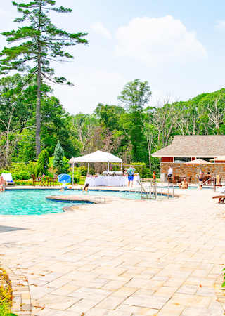 A swimming pool with umbrellas and chairs, people relaxing, green plants, and trees in the background, under a clear blue sky.