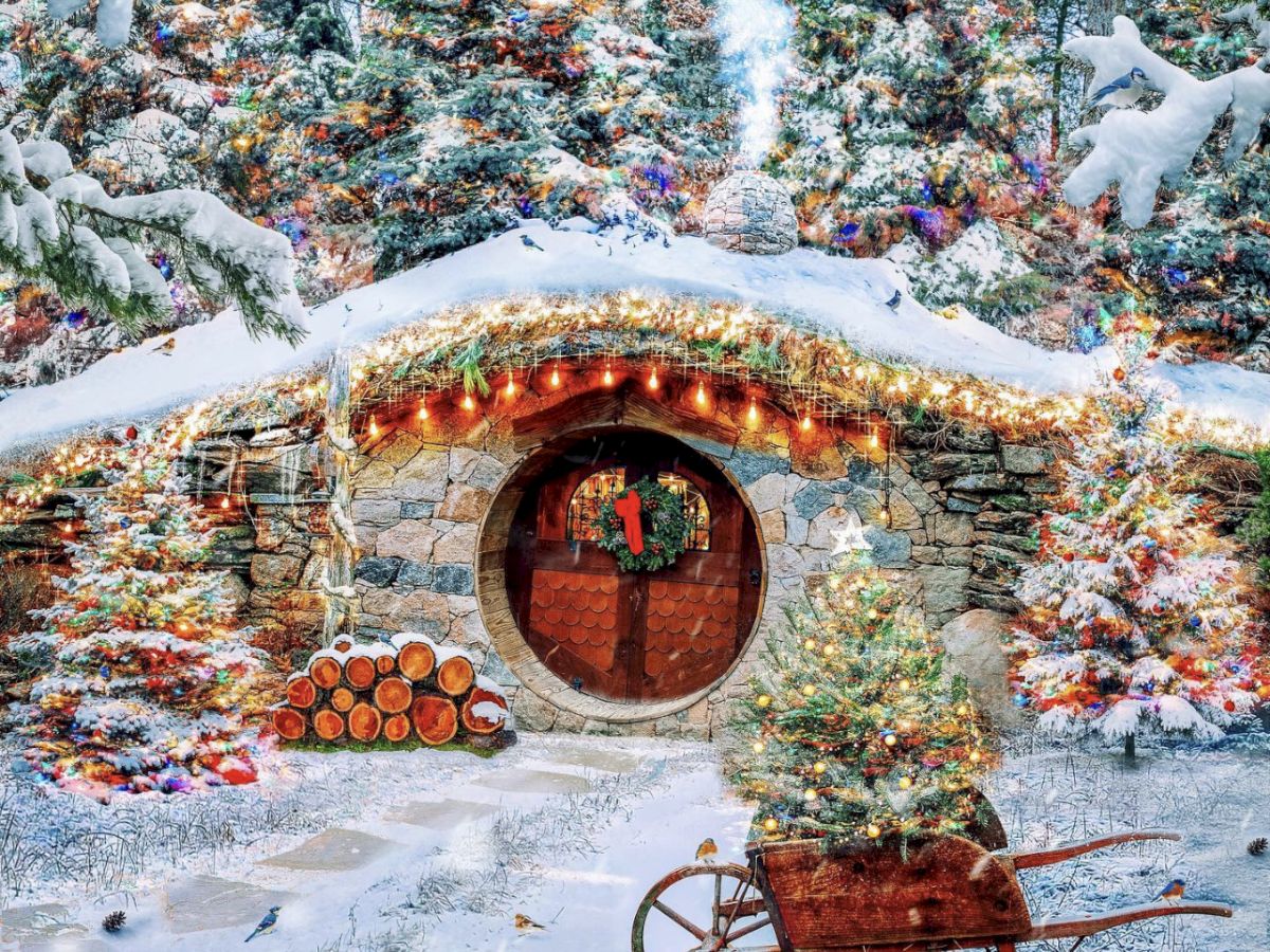 A cozy, festive house built into a hillside, covered in snow, with Christmas lights, a wheelbarrow, and snowy trees surrounding it. Small animals are nearby.