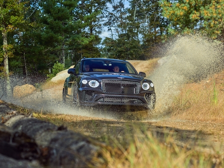 A car is driving through a dirt path in a forested area, kicking up dust and debris. Two people are visible inside the vehicle.