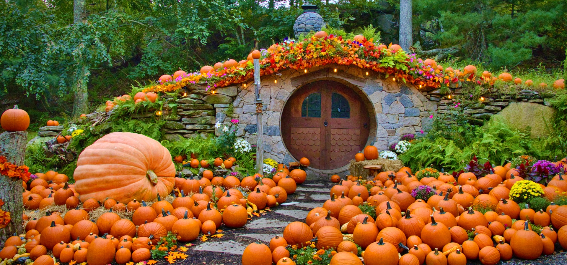 Enchanting pumpkins surround The Hobbit House at The Preserve for fall.