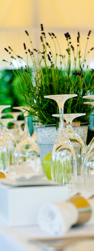 A formal table setting with upside-down wine glasses, a potted lavender plant centerpiece, and neatly arranged napkins and cutlery.