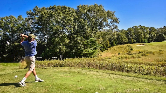 A person is teeing off on a golf course, surrounded by green grass and trees under a clear blue sky.