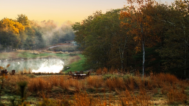 A serene autumn landscape with mist over a pond, surrounded by colorful trees and a field with a picnic table at sunrise.