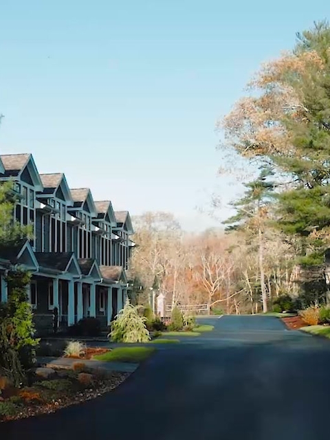 A row of townhouses is on the left, facing a paved road, surrounded by lush greenery and trees under a clear blue sky.