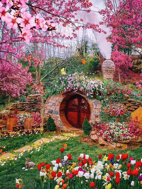 A whimsical garden scene with a round door, colorful flowers, cherry blossoms, and a grassy path, creating an enchanting, fairytale-like setting.