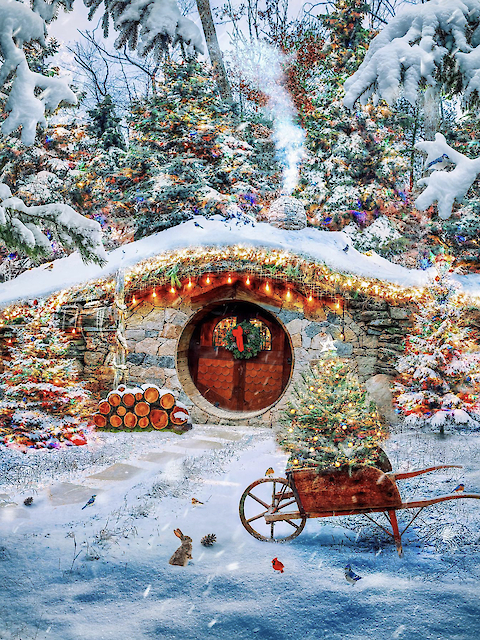 A cozy, snow-covered hobbit-style house is nestled amidst winter trees, with a wheelbarrow and logs. Decorated with festive lights.