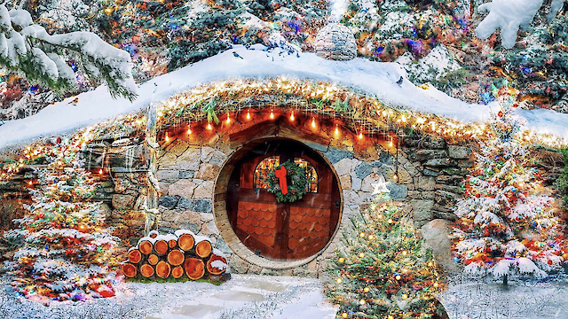 A cozy, snow-covered hobbit-style house is nestled amidst winter trees, with a wheelbarrow and logs. Decorated with festive lights.