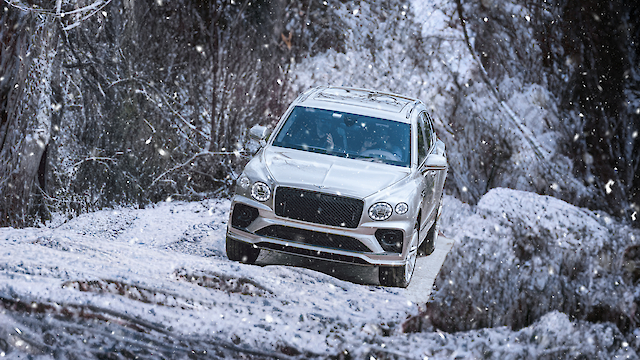 A silver SUV is driving through a snowy forest landscape with snow falling.