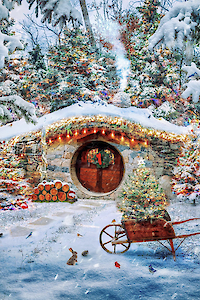 A snowy scene with a hobbit-style house, festive lights, woodpile, trees, and a wheelbarrow, creating a cozy winter atmosphere.