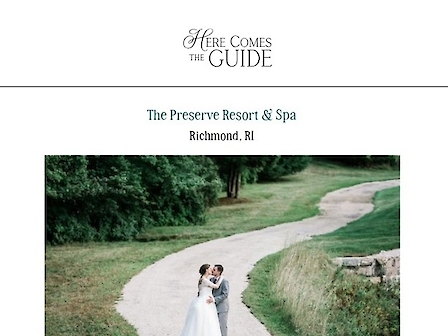 A bride and groom stand on a path at The Preserve Resort & Spa in Richmond, RI. Venue noted as a four-season resort.