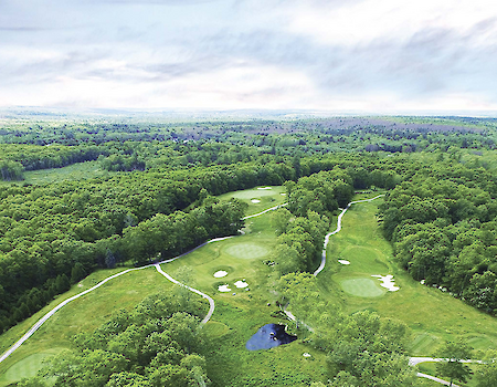 An aerial view of a green, sprawling landscape featuring a golf course with pathways, surrounded by dense forest under a cloudy sky.