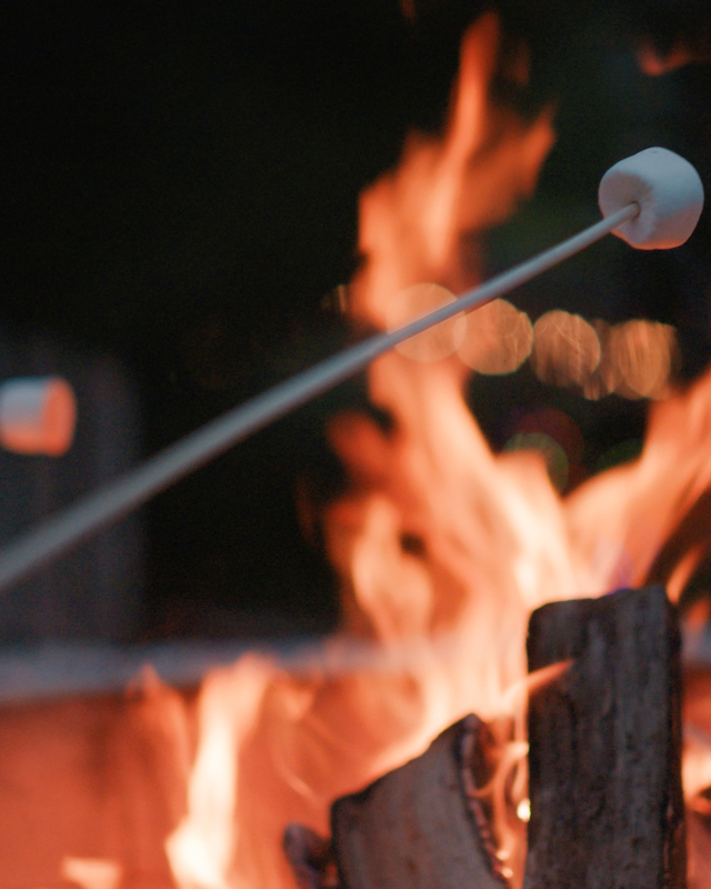 Two marshmallows on sticks being roasted over an outdoor fire pit, creating a cozy atmosphere.